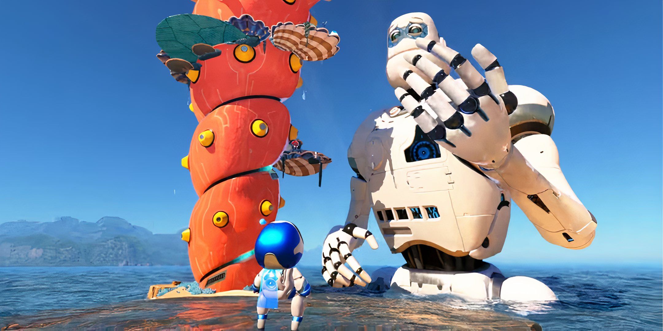 Astro Bot Colossus waist deep in water.
