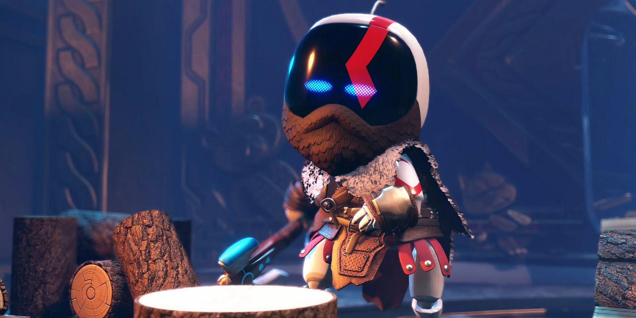 Astro Bot Kratos from God Of War chopping logs.