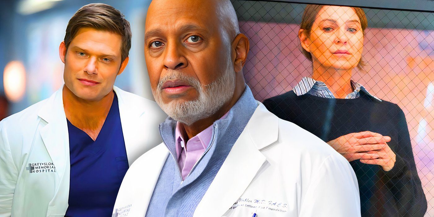 Atticus Link Lincoln (Chris Carmack), Richard Webber (James Pickens Jr) and Meredith Grey (Ellen Pompeo) all looking serious in Grey's Anatomy season 20