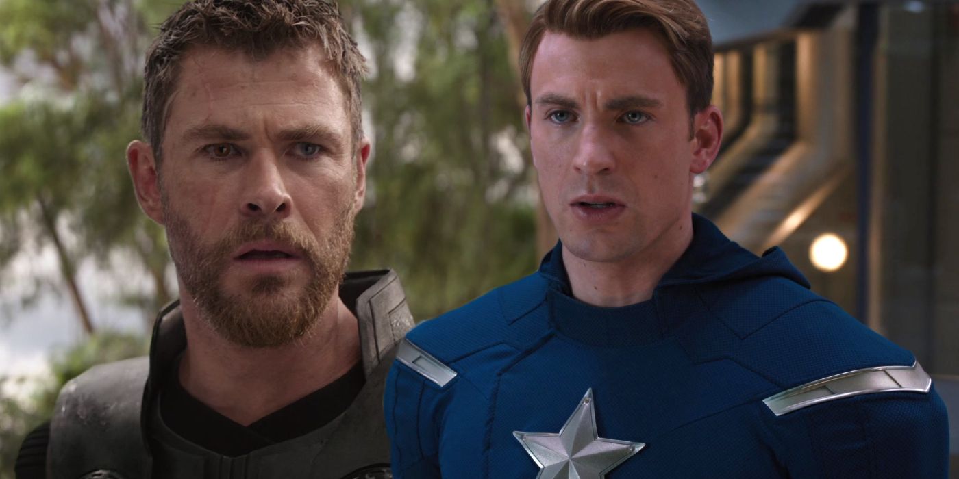 Split image of Chris Hemsworth as Thor in Avengers: Infinity War and Chris Evans as Captain America in The Avengers