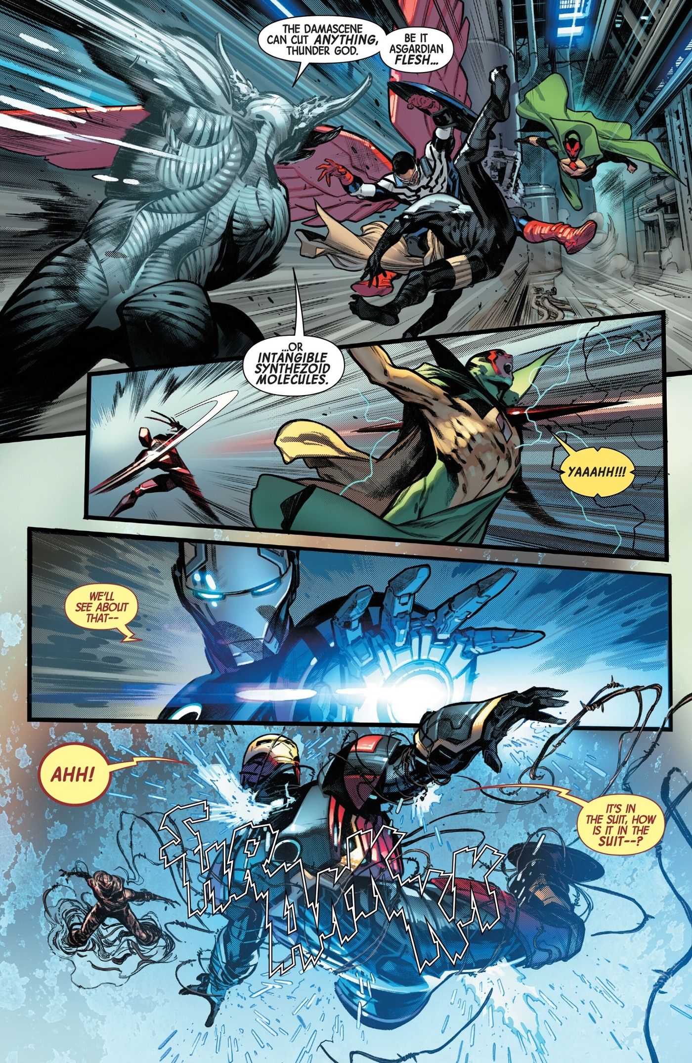 Four panels of Damascene fighting the Avengers
