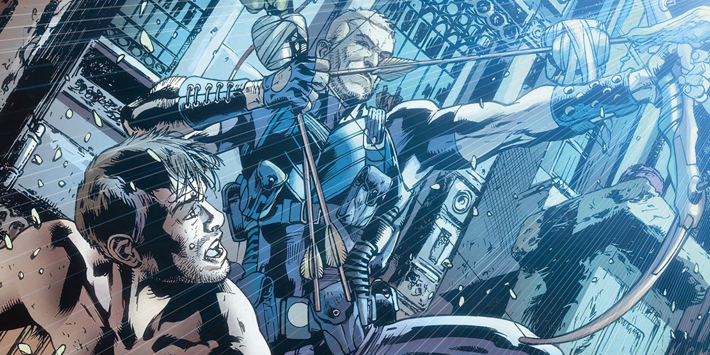 Hawkeye saving Spider-Man in Marvel Comics' Age of Ultron.