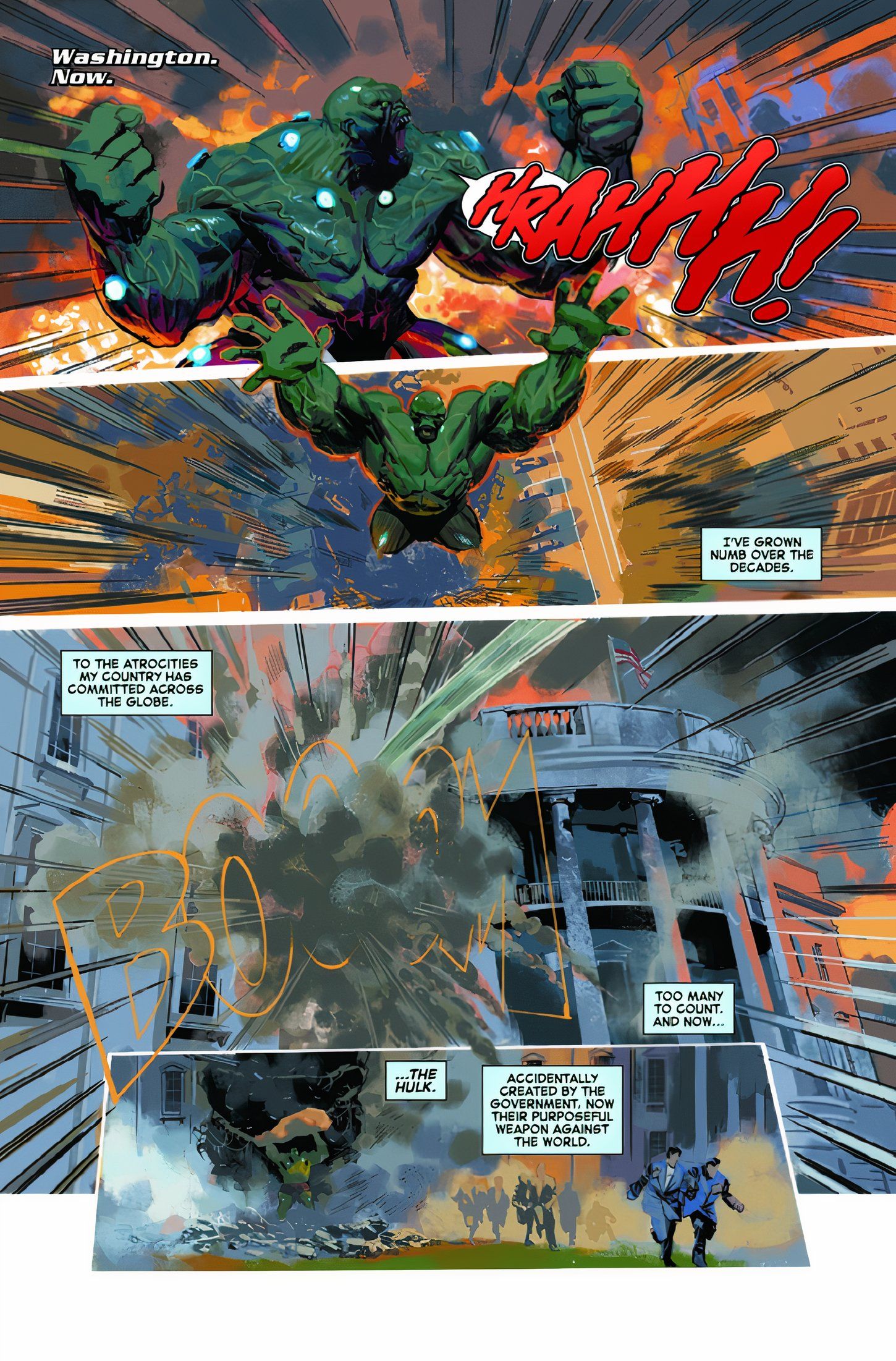 Hulk ruge e começa a destruir um prédio. 