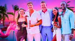 bachelor in paradise cast smiling with host jesse palmer and pink tropical background