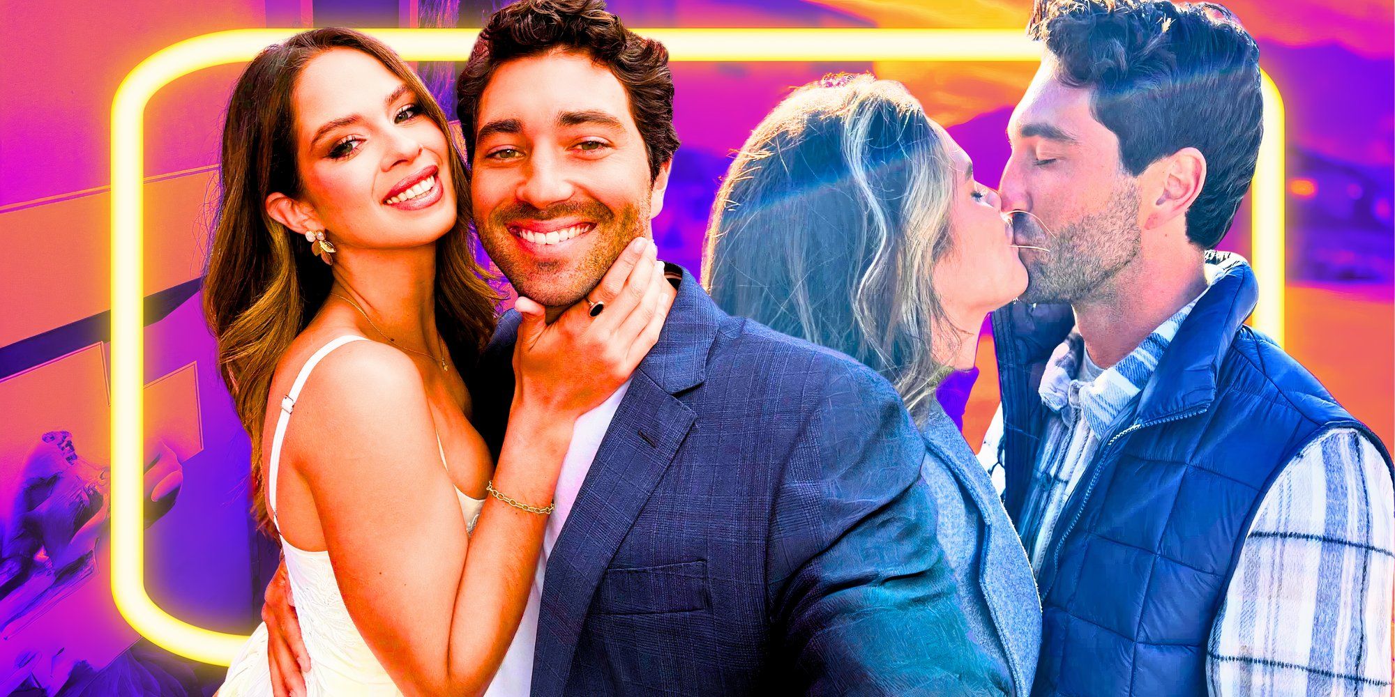 The Bachelor's Kelsey Anderson and Joey Graziadei smile and kiss in a montage image.