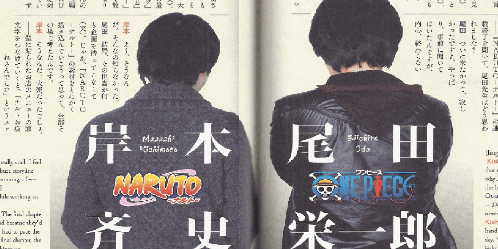 Back shot image of Kishimot and Oda wearing jackets with the logo of their series displayed on it