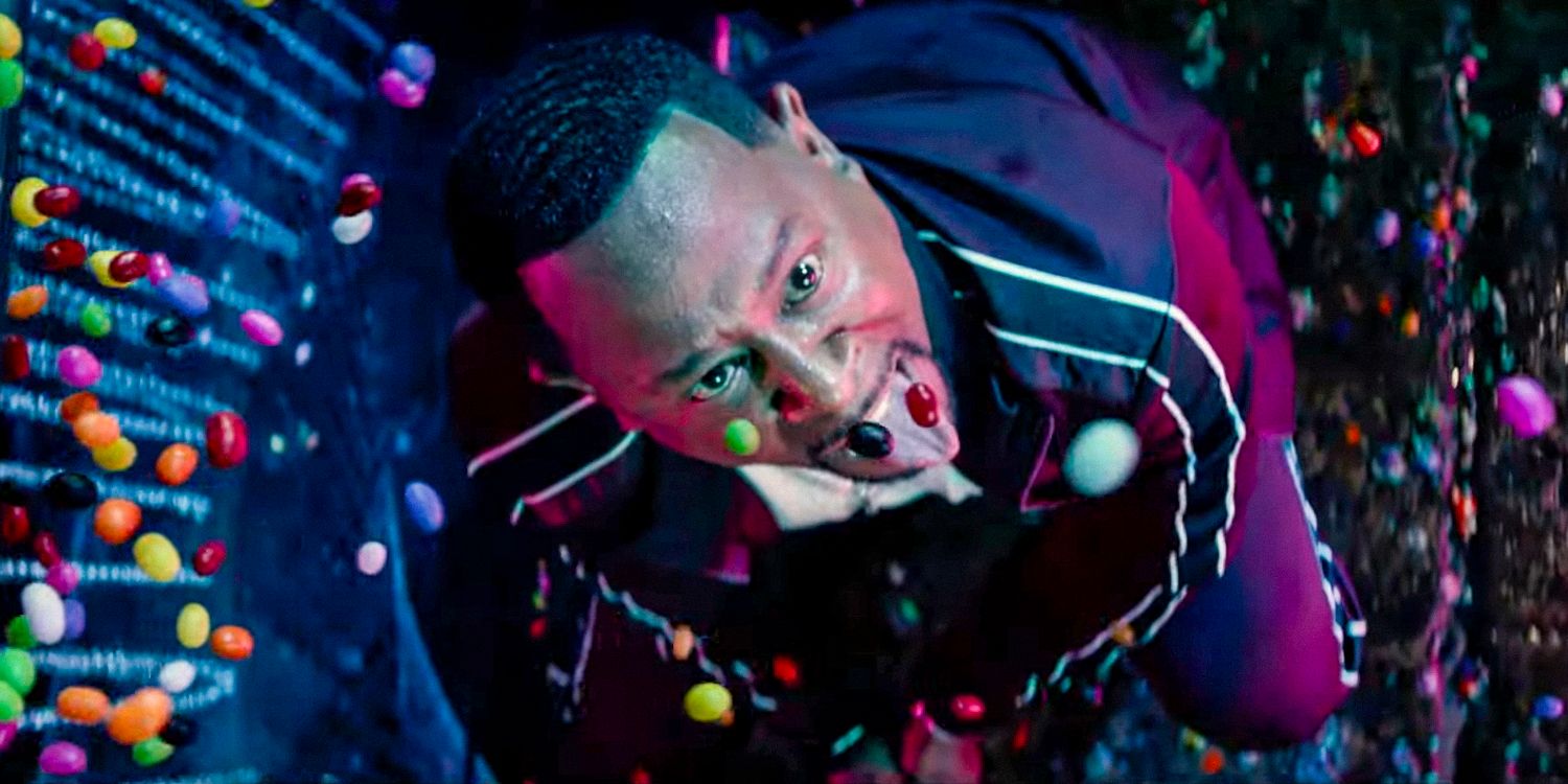 Marcus (Martin Lawrence) trying to catch some jelly beans flying through the air with his mouth in Bad Boys: Ride or Die