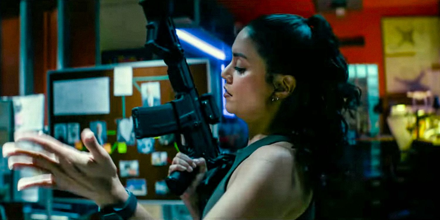 Kelly (Vanessa Hudgens) carrying an assault rifle in Bad Boys: Ride or Die