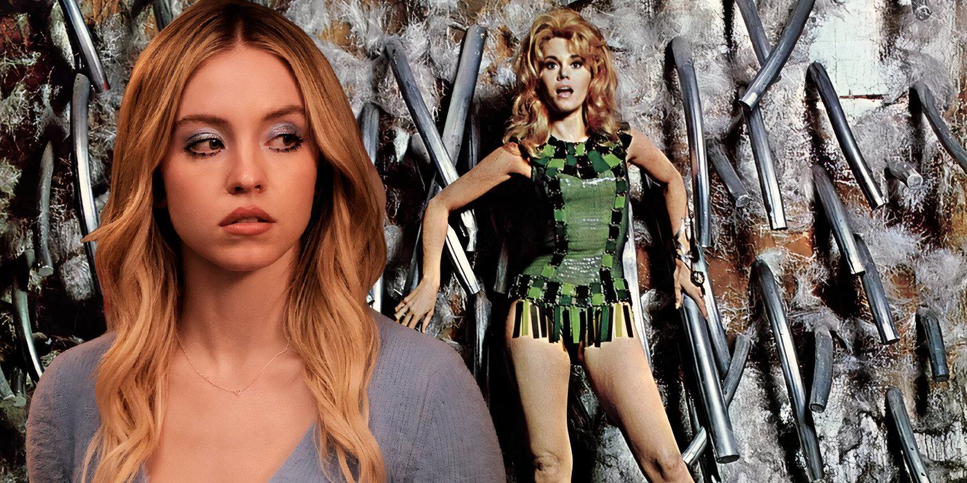 A composite image of Sydney Sweeney in Euphoria looking sideways with Jane Fonda standing against a wall of pipes in Barbarella 