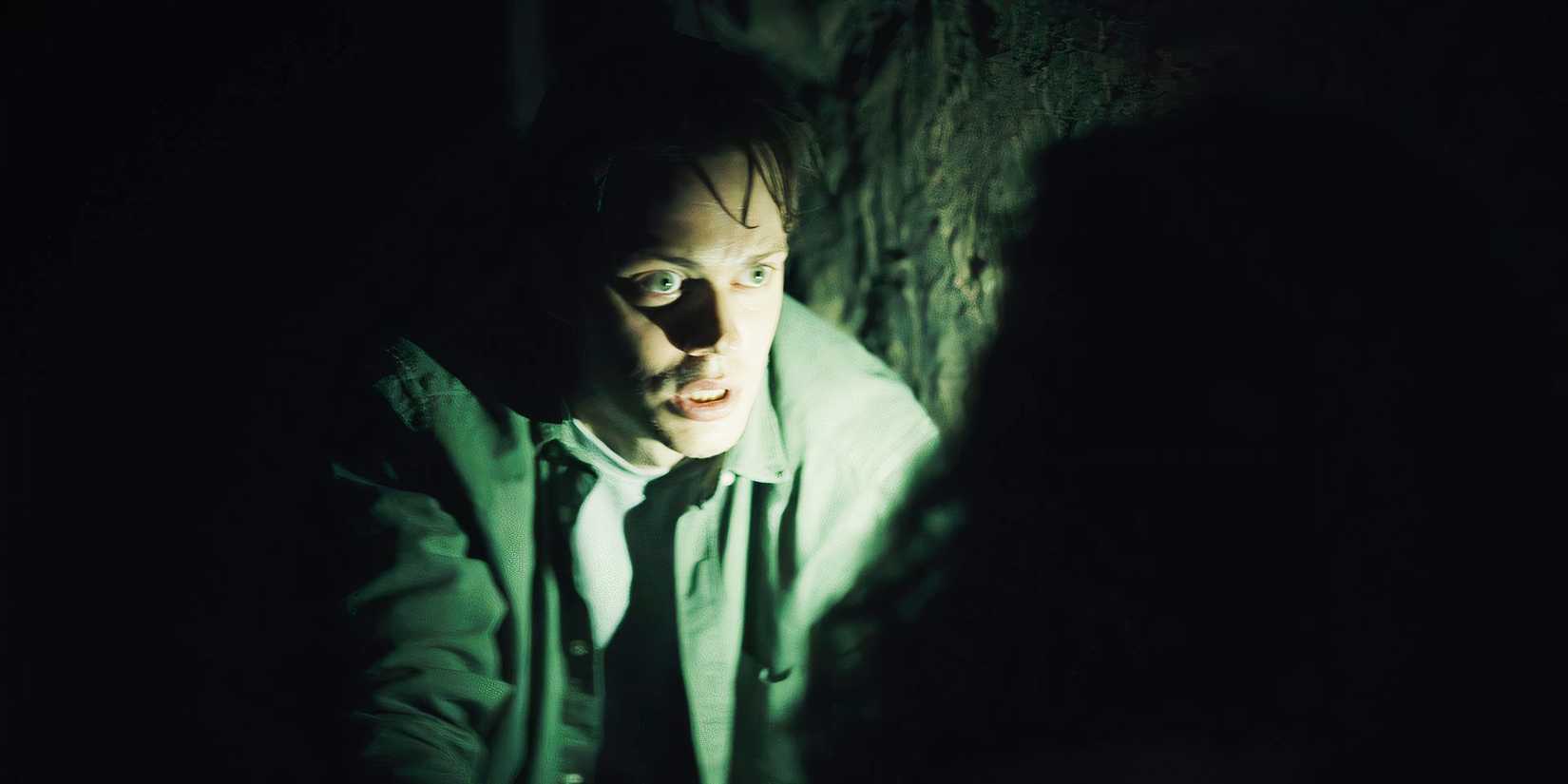 Keith (Bill Skarsgård) scared in the tunnel in Barbarian.
