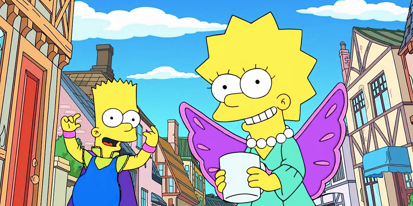 Bart e Lisa sorriem enquanto usam fantasias bizarras no episódio 17 da 35ª temporada dos Simpsons