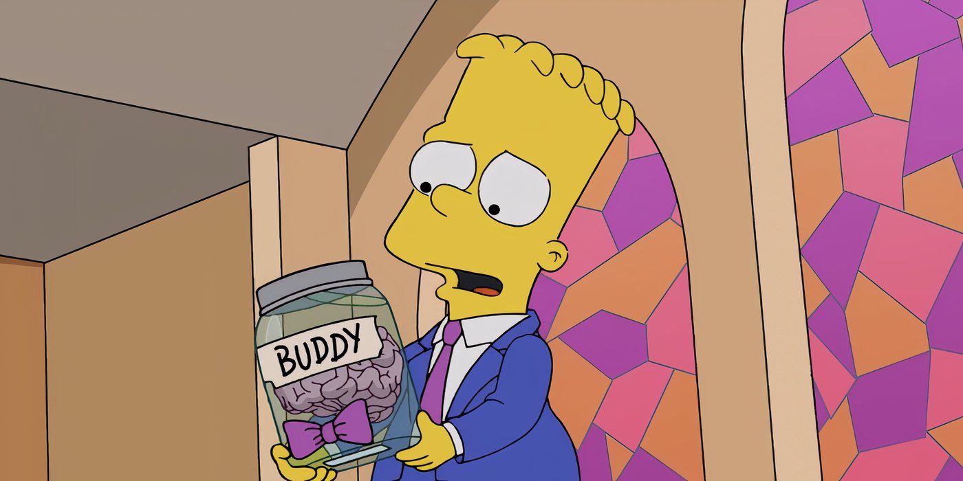 Bart stares sadly at a brain in a jar in church from The Simpsons season 35 finale