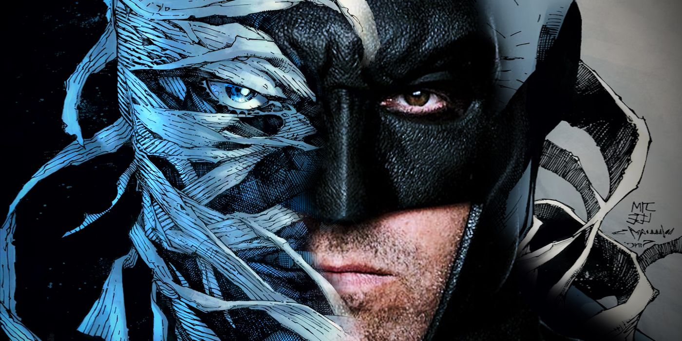 A composition merging the comic book face of Batman villian Hush with the live-action Batman as portrayed by Ben Affleck.