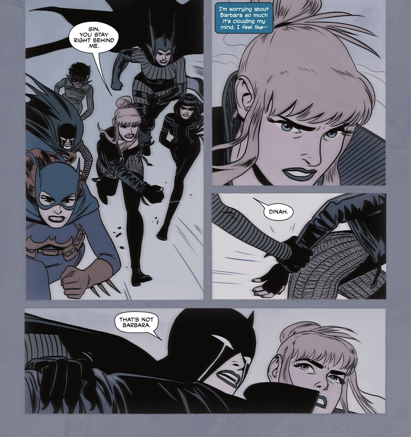 Cassandra Cain warns Black Canary that the person they're with isn't Barbara Gordon. 