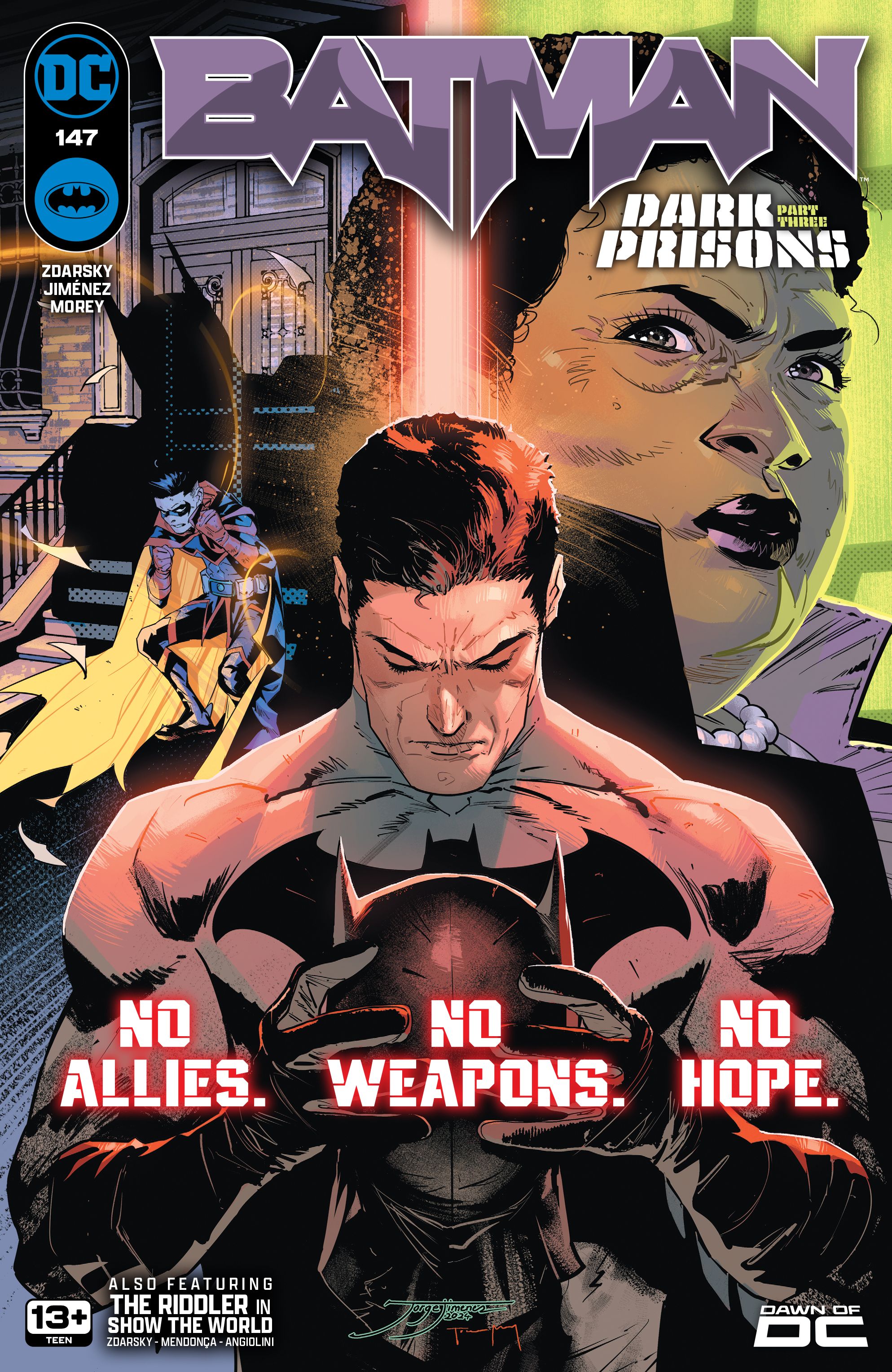 Capa principal do Batman # 147: Bruce segura seu capuz do Batman na frente de outras imagens de Robin Damian Wayne e Amanda Waller.