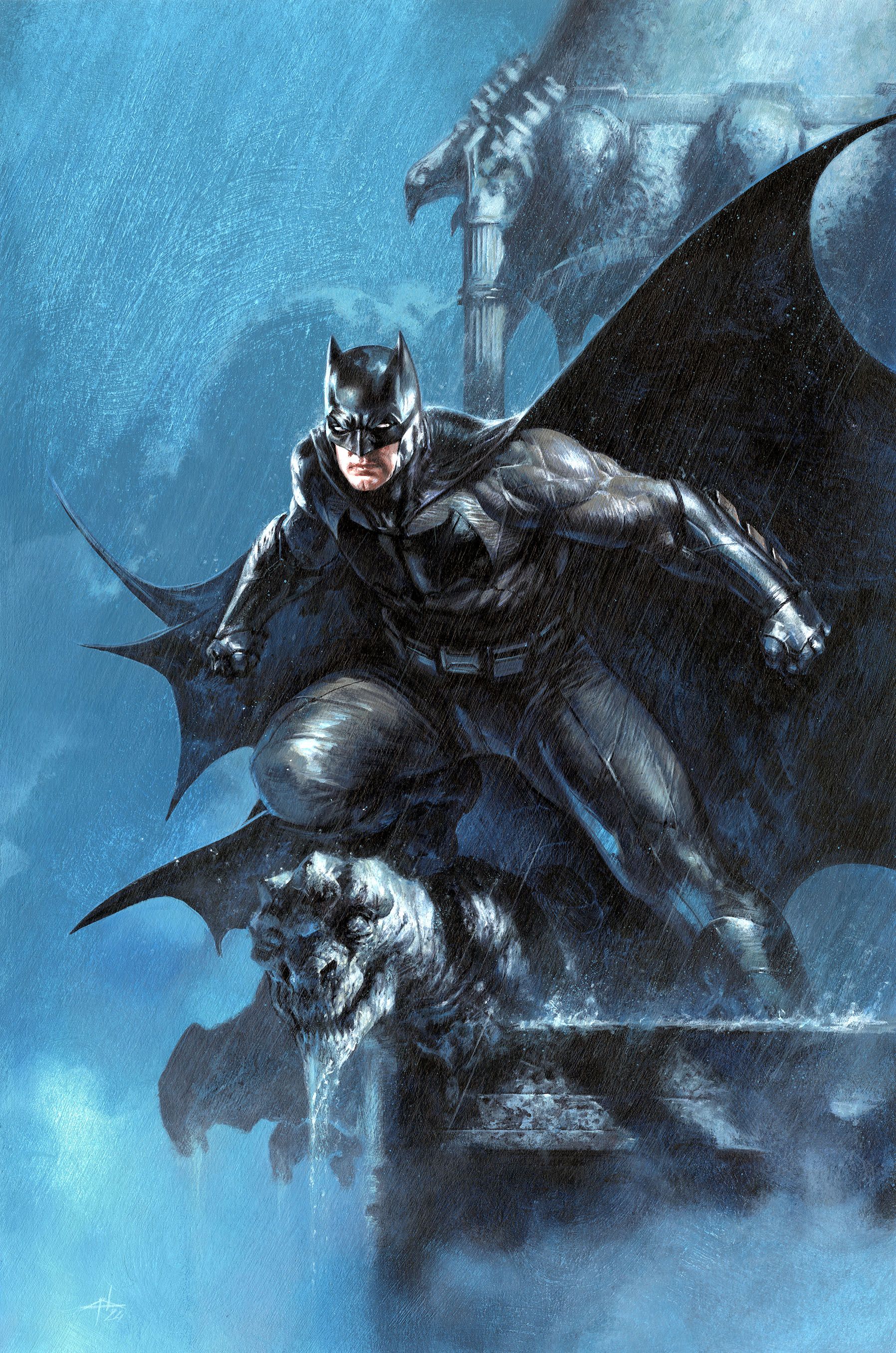 Batman 151 DellOtto Variant Cover: Ben Affleck's Batman standing on a gargoyle in the rain.