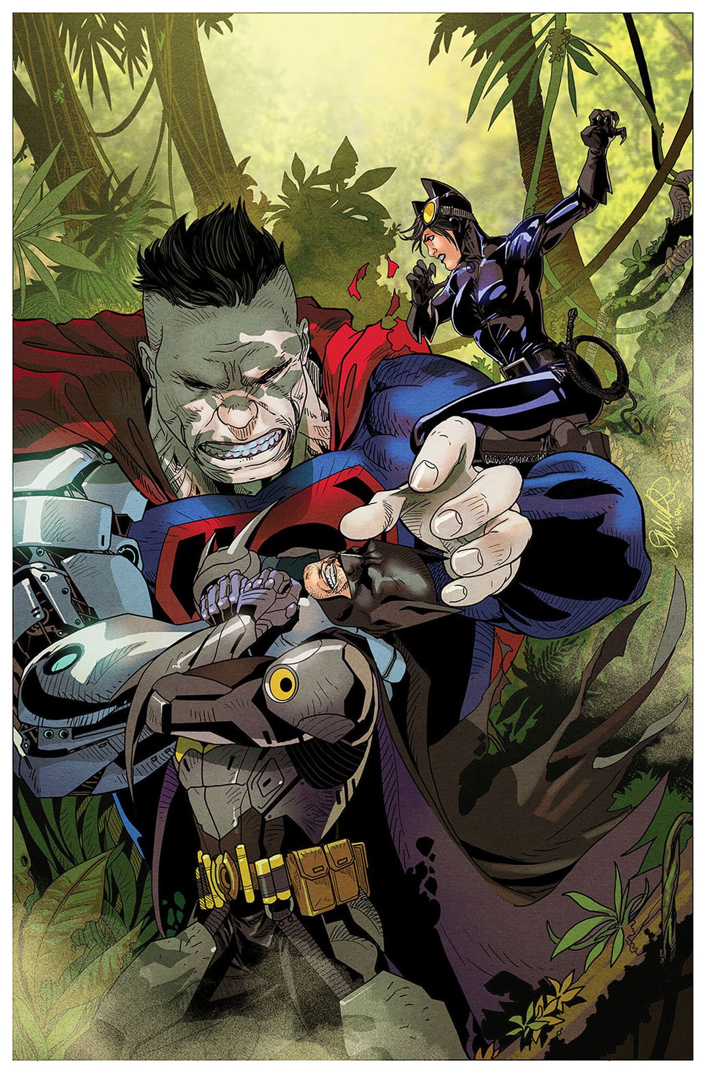 Batman y Catwoman luchan contra Bizarro en la jungla en la portada de Batman #151 de Salvador Larroca