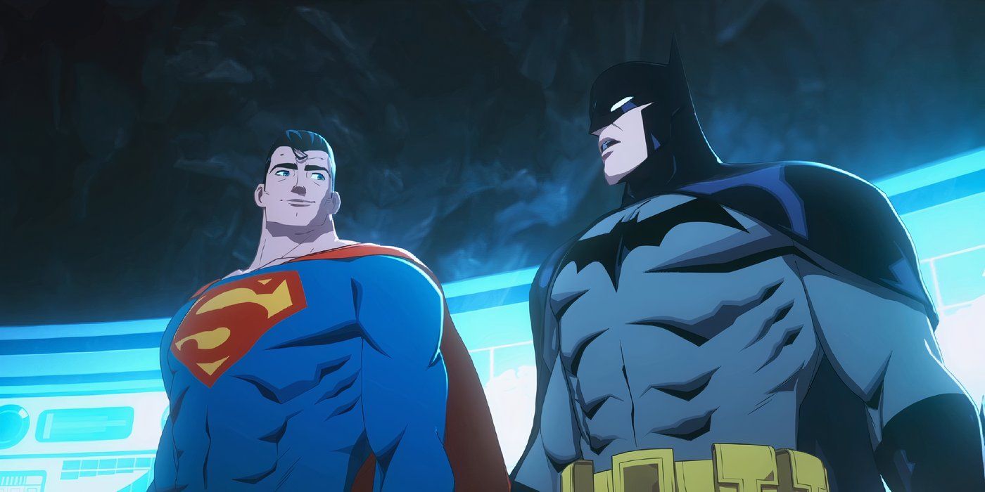 Batman et Superman discutent dans la Batcave dans Batman et Superman la bataille des super fils