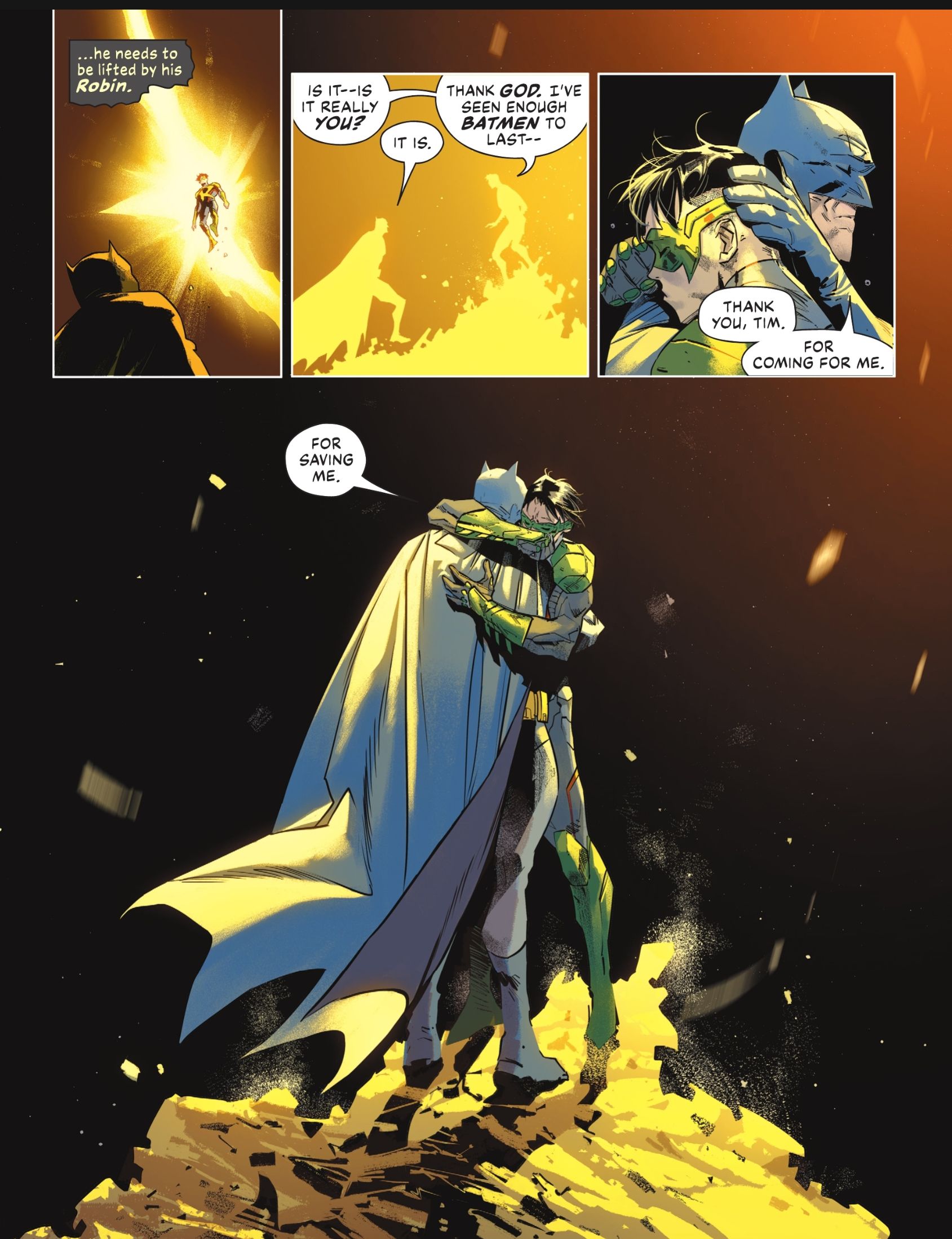 Batman e Tim Drake se abraçam com lágrimas enquanto Tim salva Bruce de se perder no Multiverso.