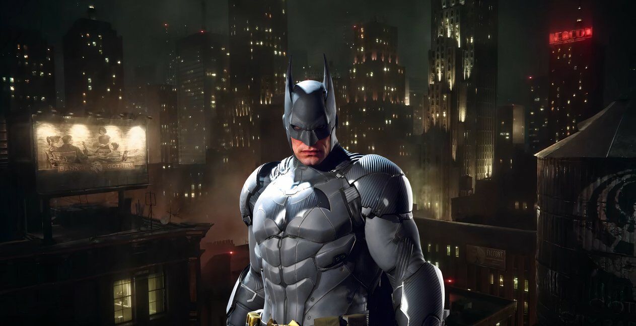 Batman Over A Backdrop Image Of Gotham From Batman Arkham Shadow