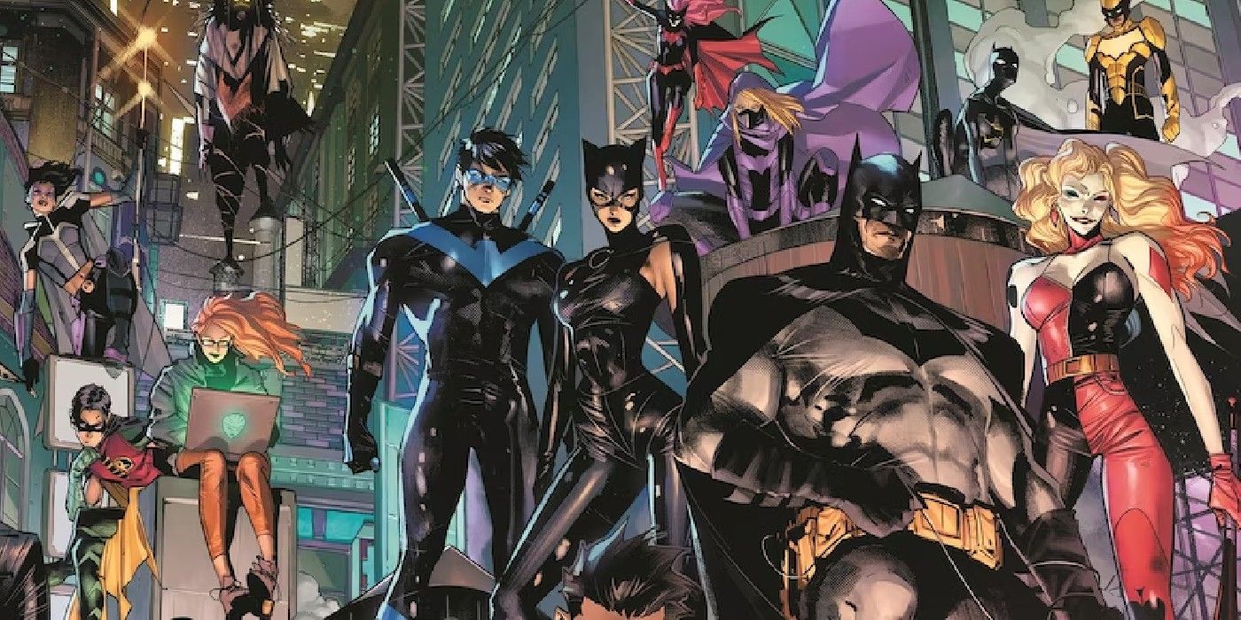 Comic book art: the Bat-Family stands on a rooftop, including Batman, Catwoman, Nightwing, Spoiler, and more.