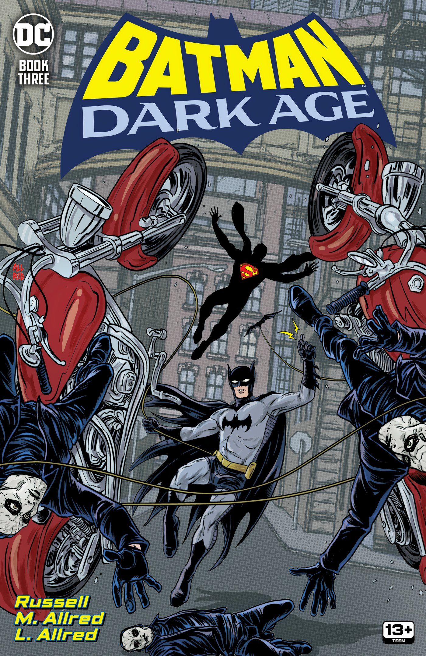 Batman Dark Age 3 Main Cover: Batman fighting goons on motorcycles with Superman behind him.