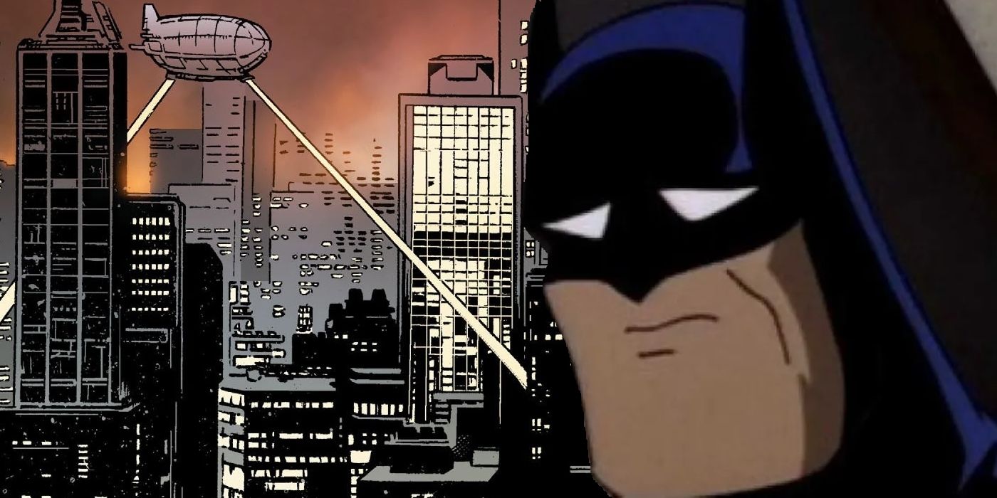 Batman from The Animated Series looking sad in front of the Gotham skyline.