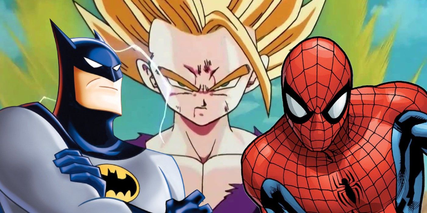 Batman stands with arms crossed next to Gohan and Spiderman