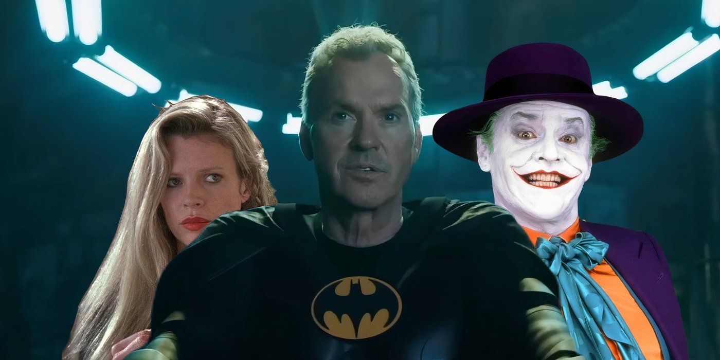 Michael Keaton as Batman in the Flash with 89 Jack Nicholson Joker and Kim Basinger Vicki Vale behind him in the batcave