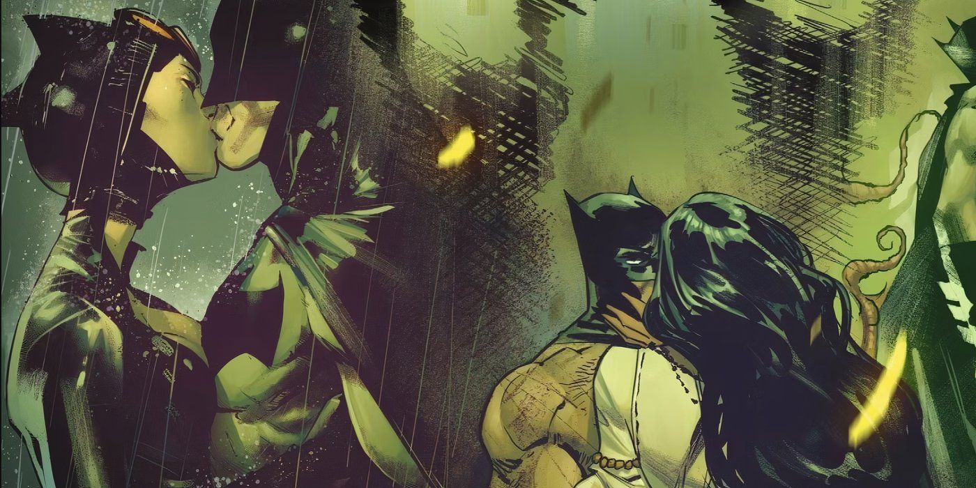 Batman beijando Mulher-Gato e Talia Al Ghul 