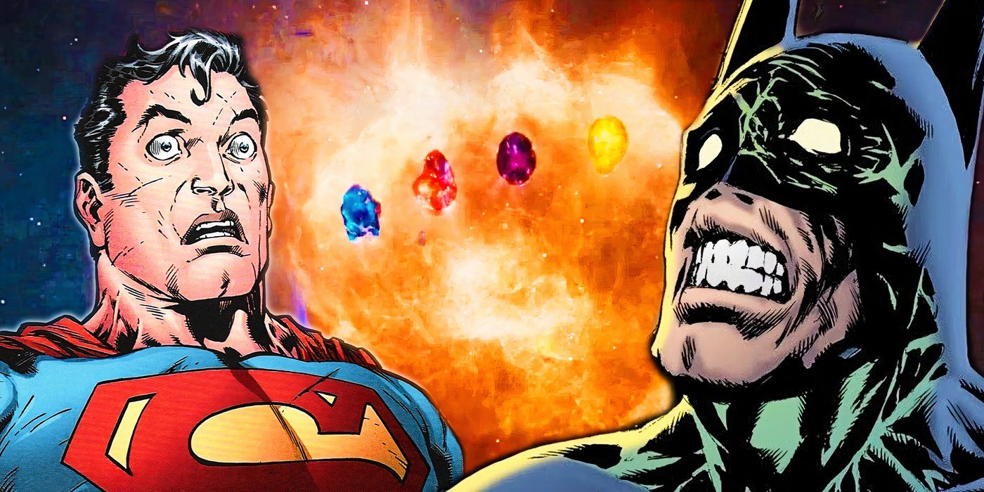 Batman and Superman stare in horror at the Infinity Stones.