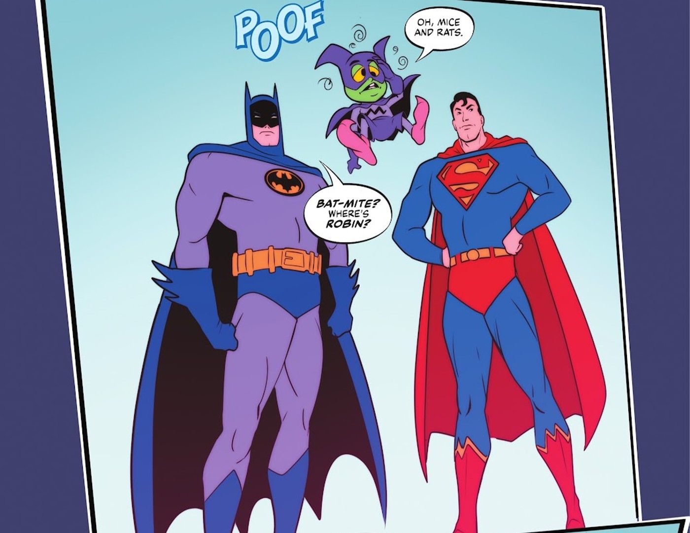 Painel de quadrinhos: Batman, Superman e Bat-Mite no estilo do desenho animado Super Friends.