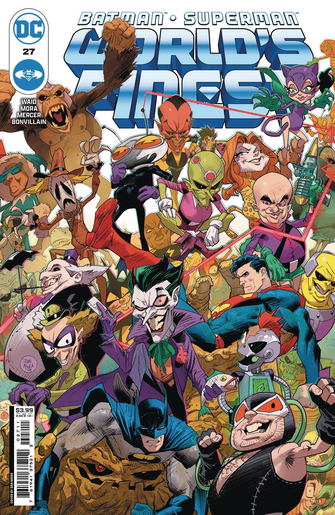 Batman Superman World's Finest 27 Main Cover: versões chibi dos supervilões da DC lutam contra Batman e Superman.