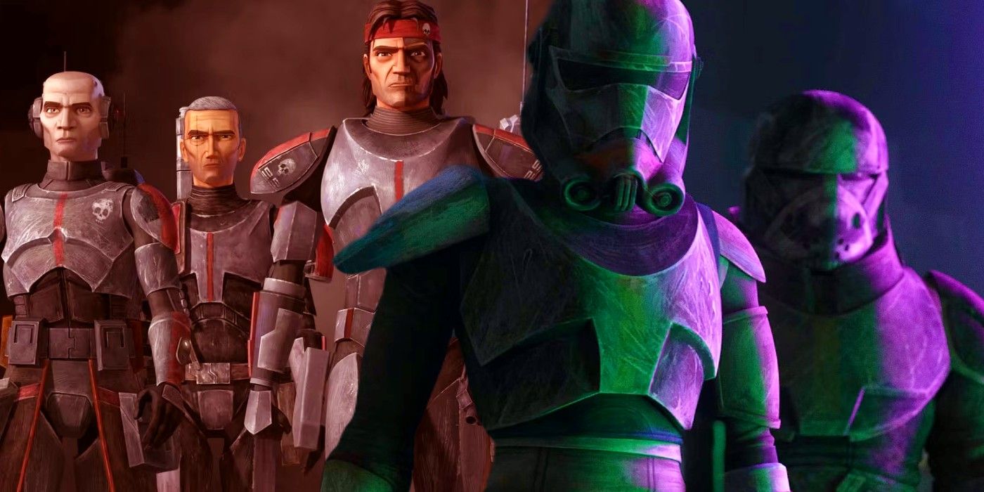 Clone Force 99, Echo, Crosshair, and Hunter, in their original armor next to Hunter and Wrecker in their more damaged armor in Star Wars: The Bad Batch