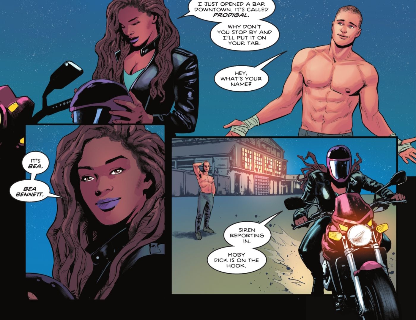 Comic book panels: Bea Bennett meets Dick / Ric Grayson before riding away on a motorcycle.
