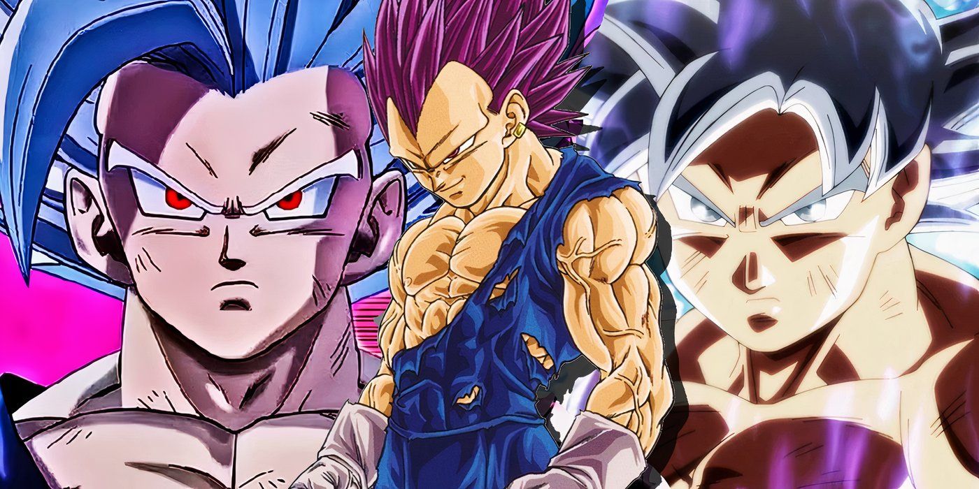 Beast Gohan on the left, Ultra Ego Vegeta standing in the center and Ultra Instinct Goku on the right