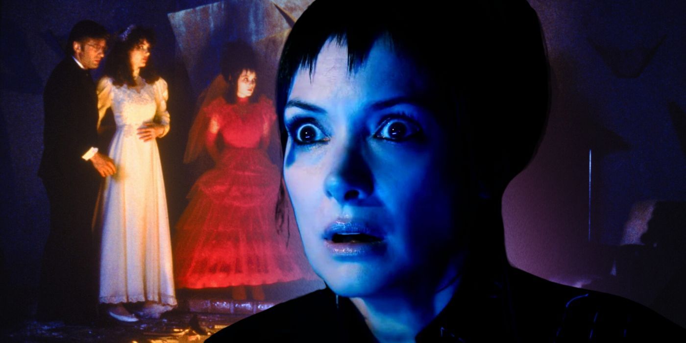 Winona Ryder in Beetlejuice 2 with exorcism scene in the background