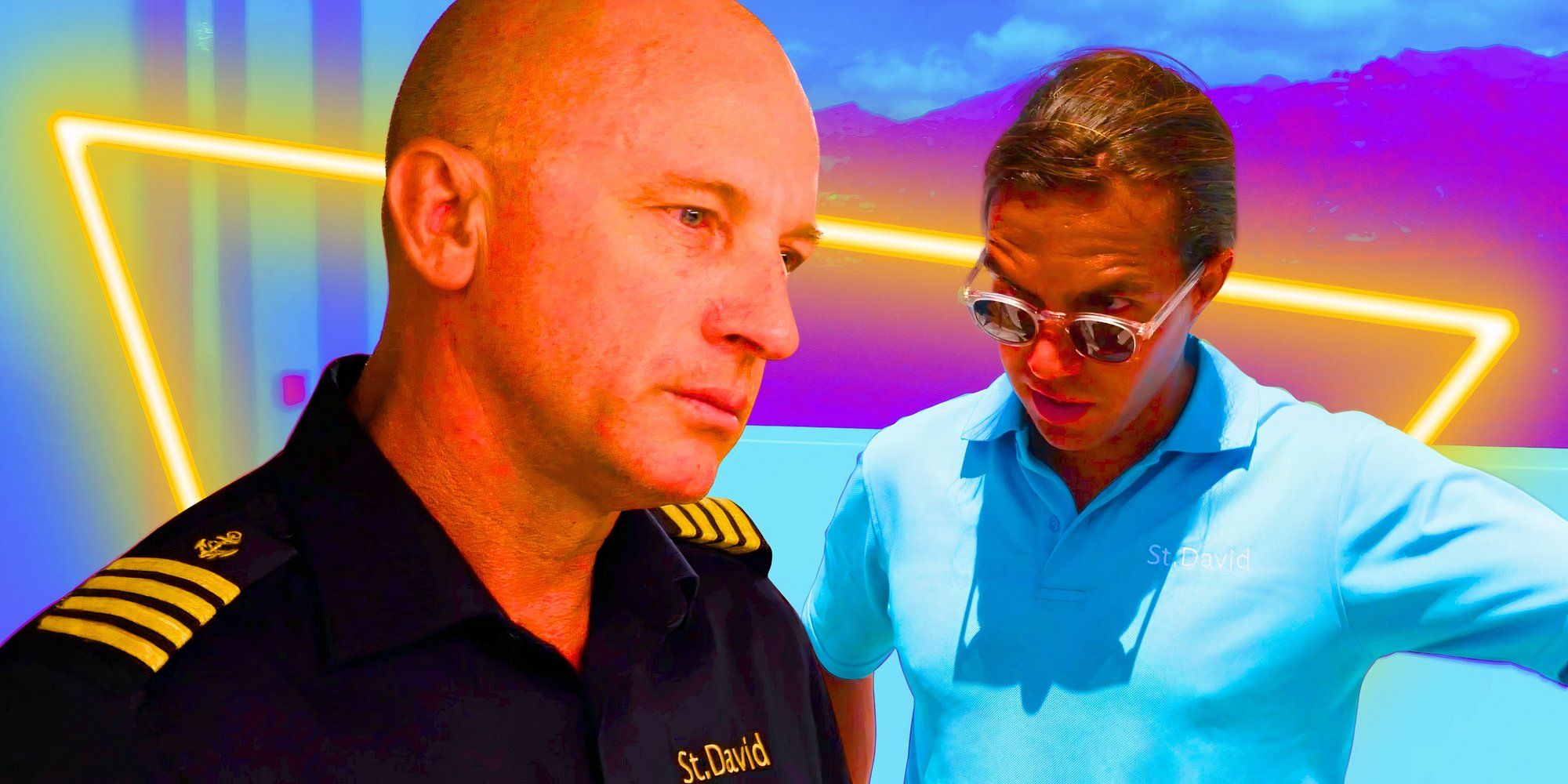 Below Deck's Captain Kerry Titheradge has a serious expression, and Ben Willoughby looks down while wearing his sunglasses.
