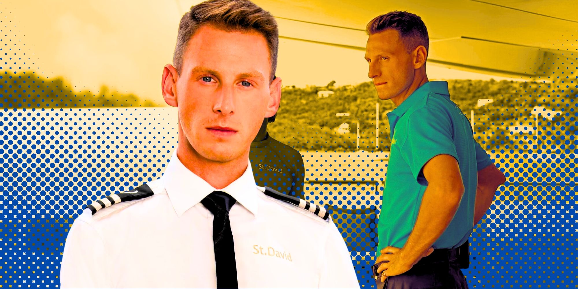 below deck montage featuring fraser oldender in two poses with shoreline and blue dot background