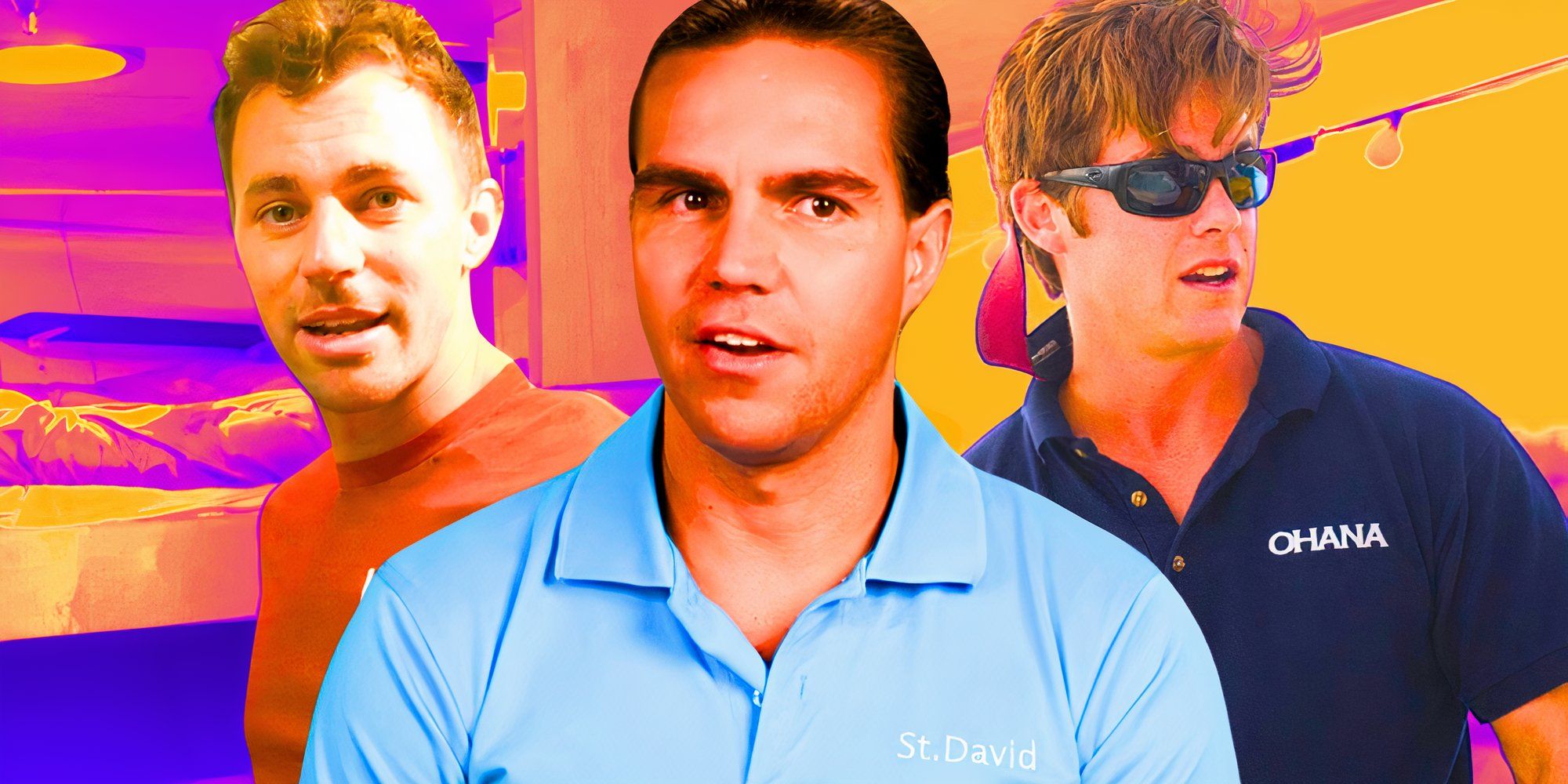 below deck montage featuring Tom Checketts, Ben willoughby, Edde Lucas all looking cocky with colorful background