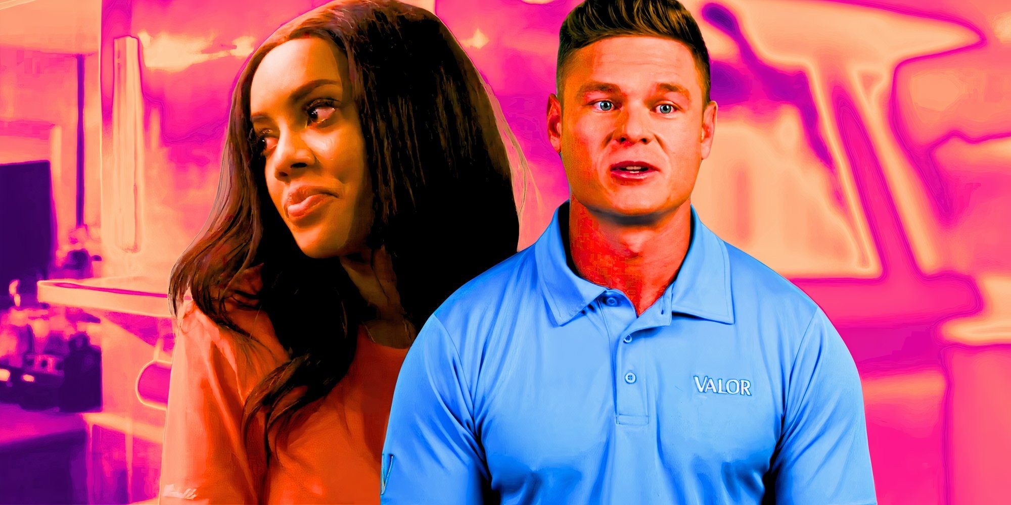 below deck montage featurng ashton and lexi looking serious with pink backgroudn