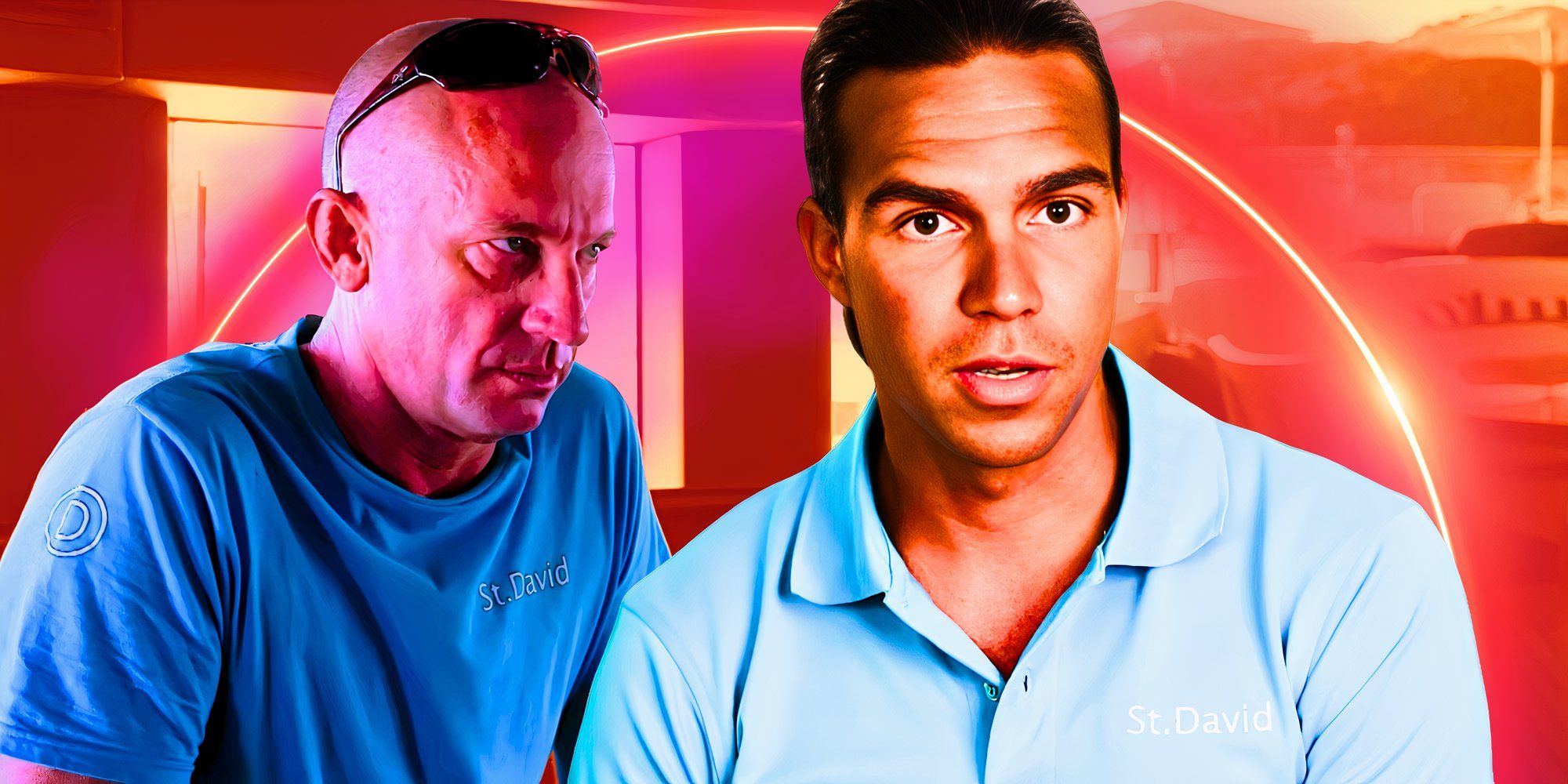 Below Deck’s Captain Kerry Titheradge looks angry and Ben Willoughby has an expression of slight surprise.