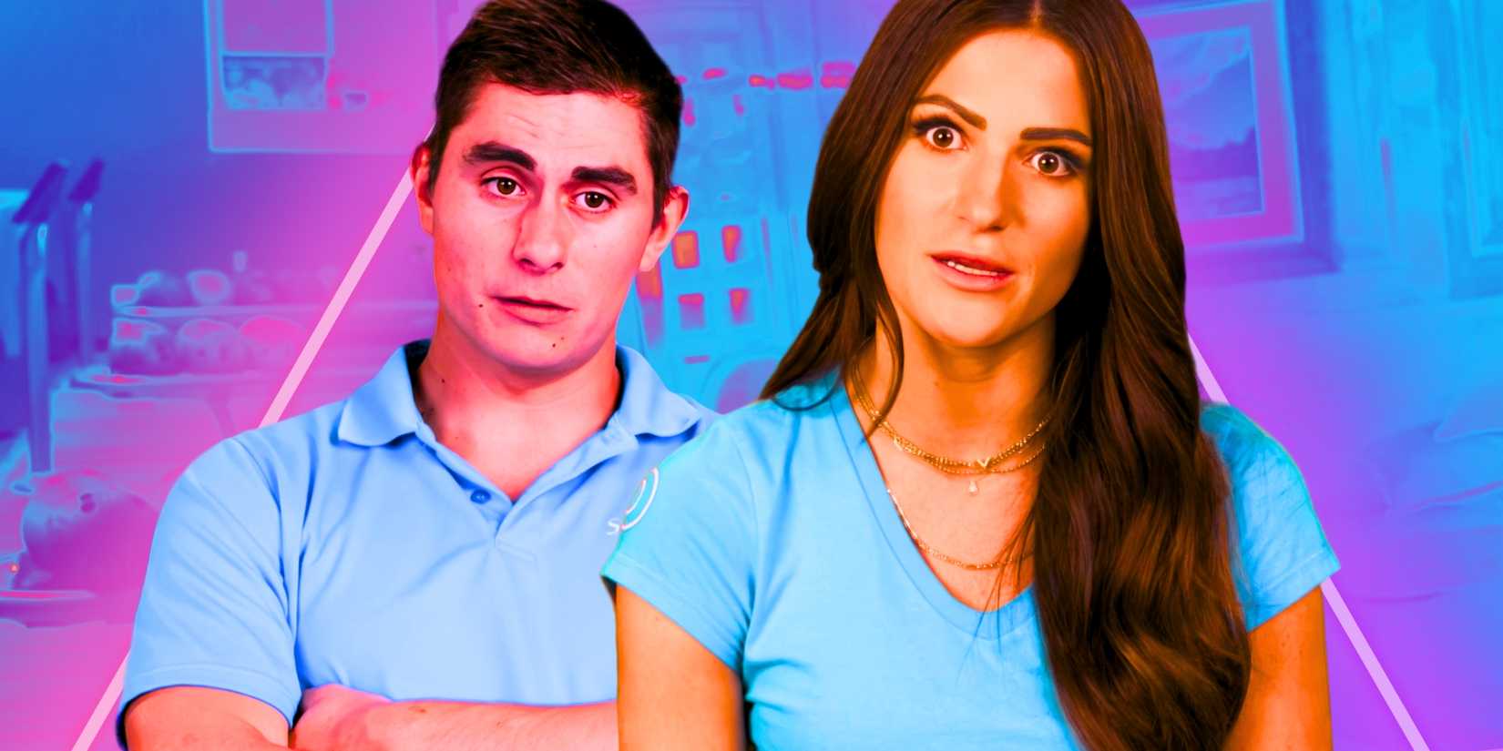 A montage of Below Deck season 11's Barbie Pascual and Kyle Stillie on a blue and purple background.