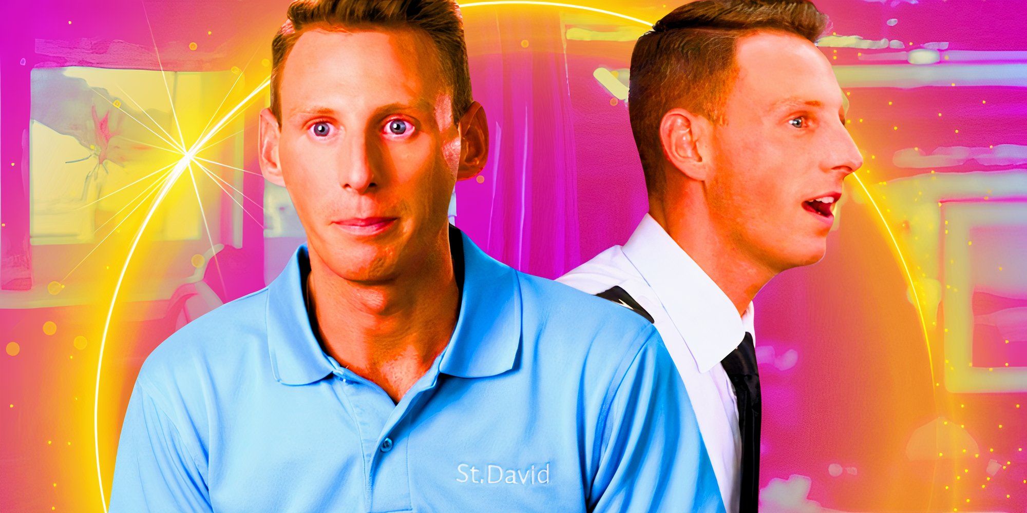 below deck season 8 star fraser olender in a montage with two expressions and a yellow and pink background