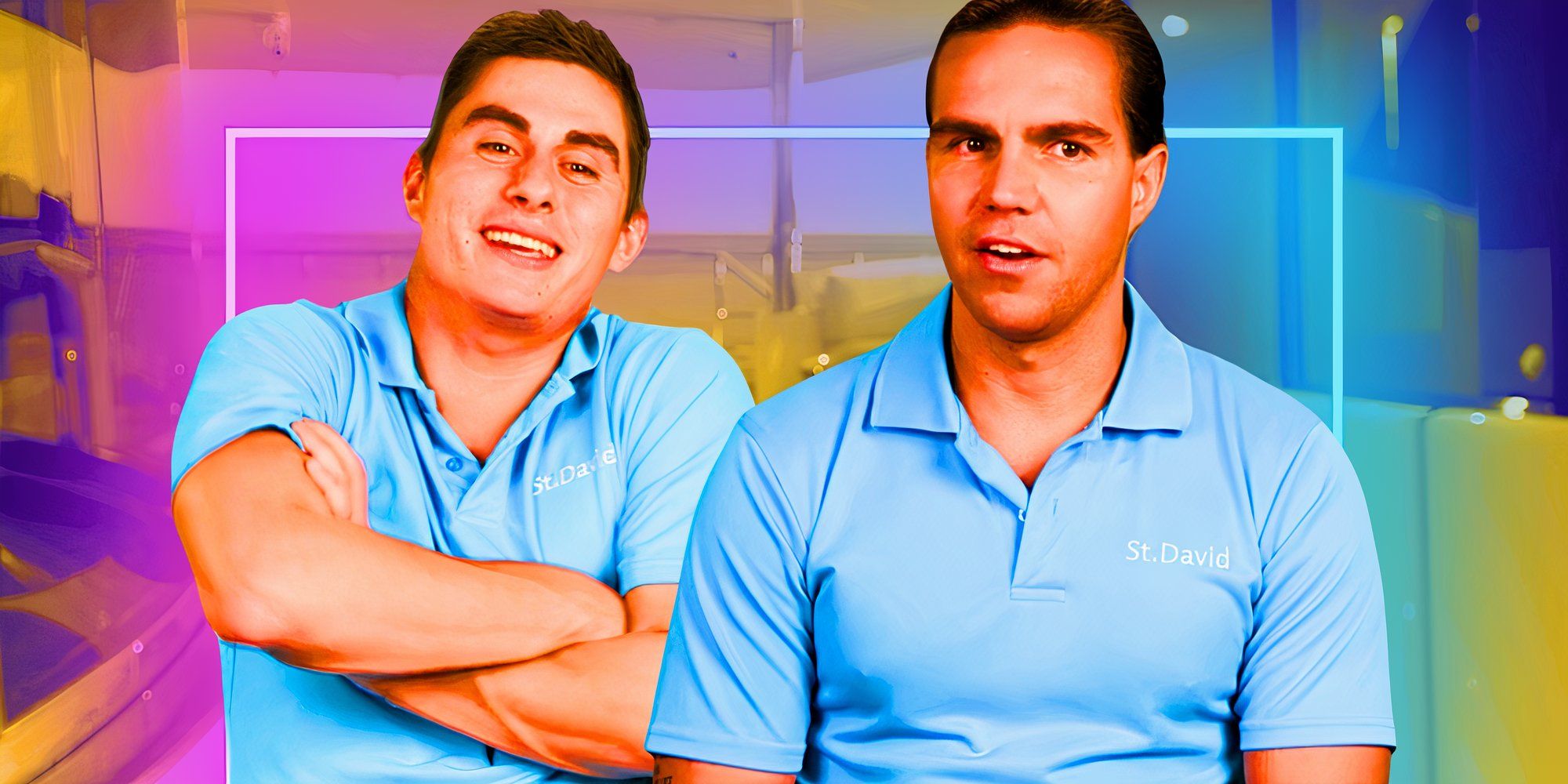 below deck star kyle stillie in montage featuring two shots of him in blue shirts and a multicolored background