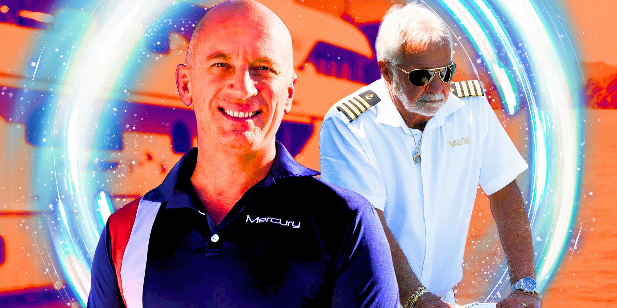 Below Deck's Captain Kerry Titheradge with Captain Lee Rosbach and orange and blue background