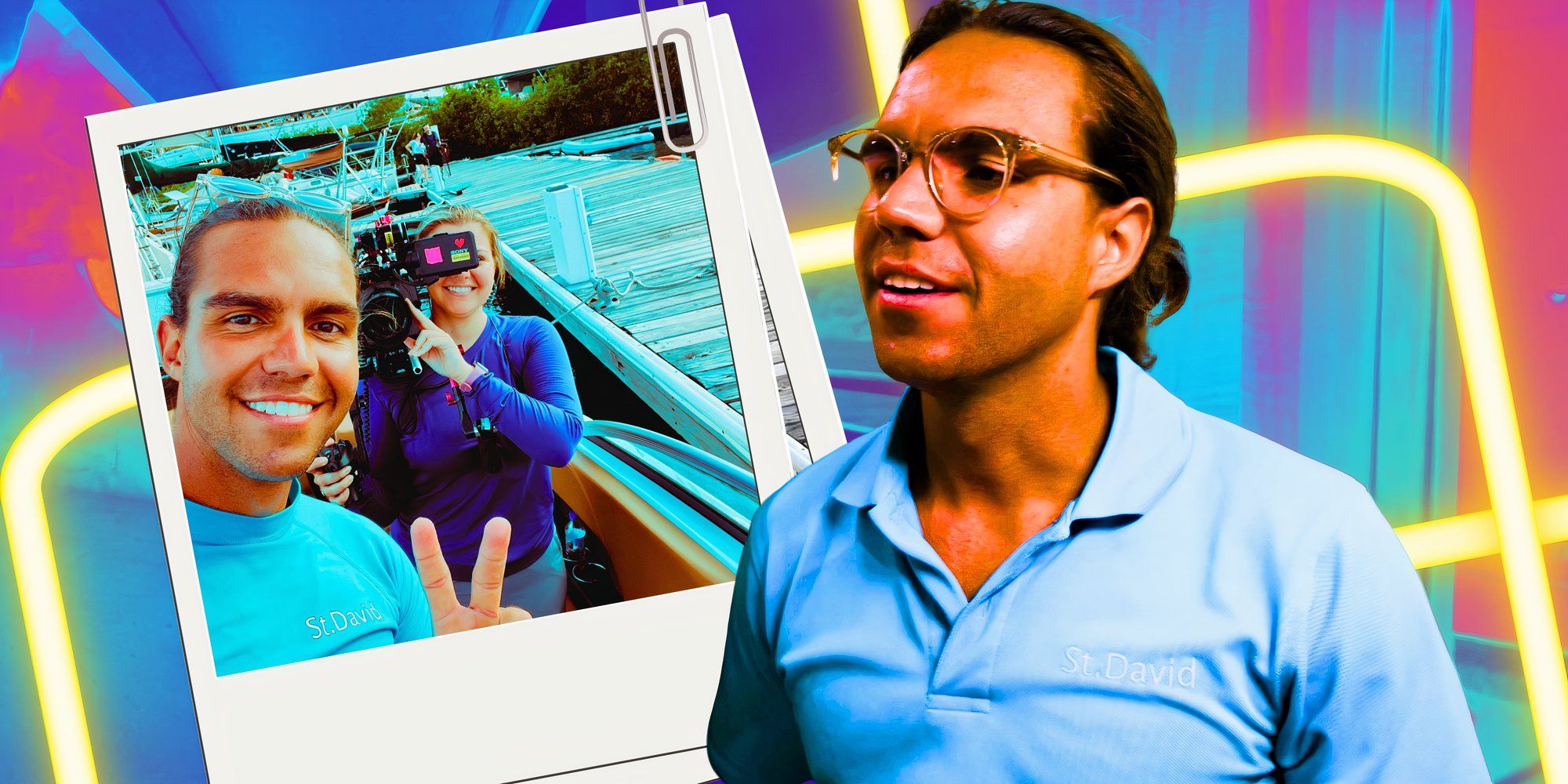 Below Deck&rsquo;s Ben Willoughby smiles in front of a polaroid photo of himself holding a peace sign and a camera operator.