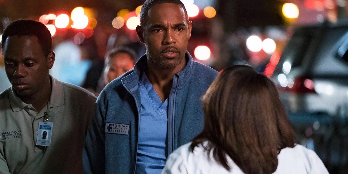 Ben Warren (Jason George) parece sorprendido mientras está parado afuera del hospital en Grey's Anatomy.