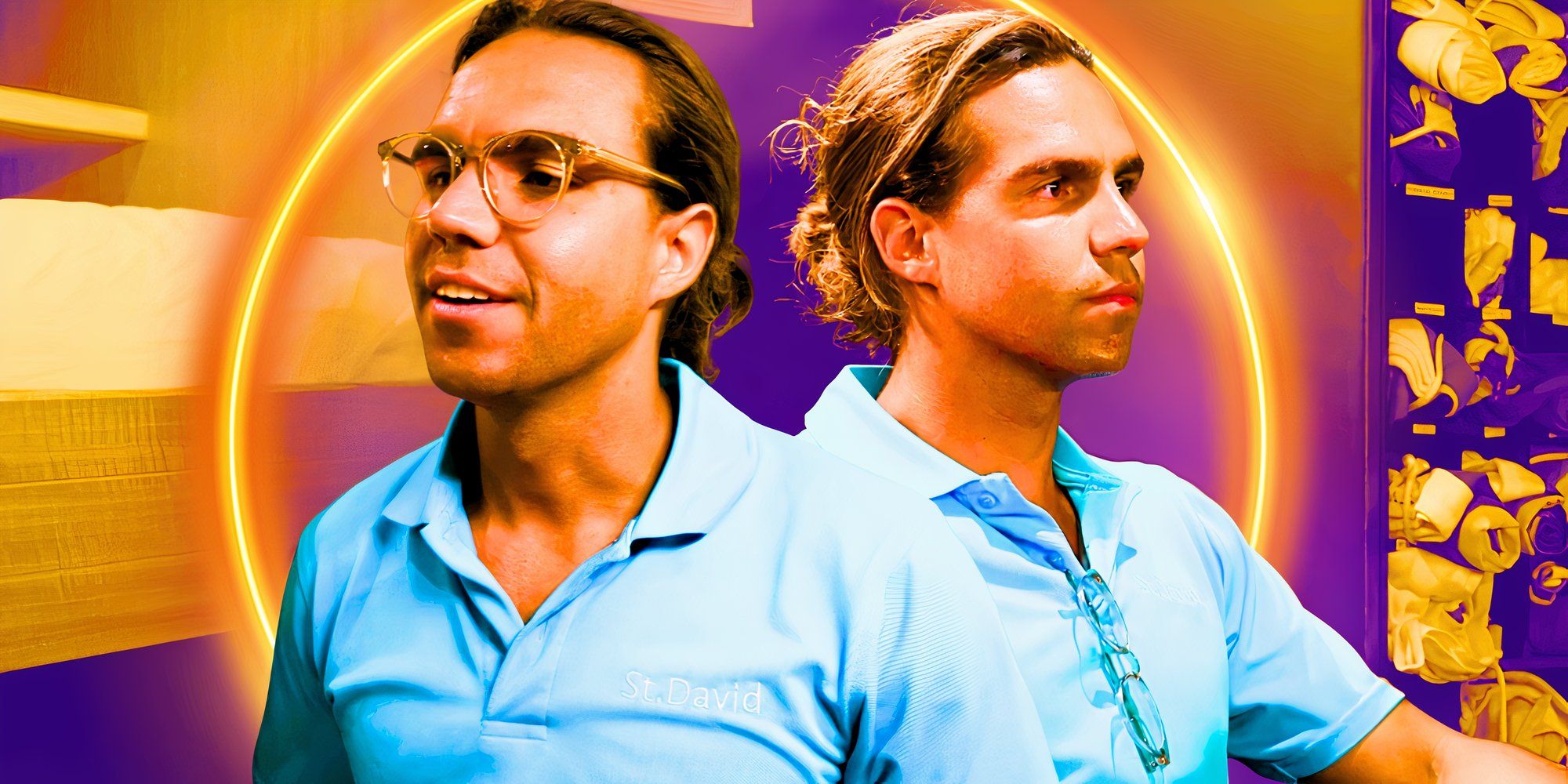 Ben Willoughby from Below Deck in montage featuring two shots of him in blue shirts and a purple and yellow backgrounds