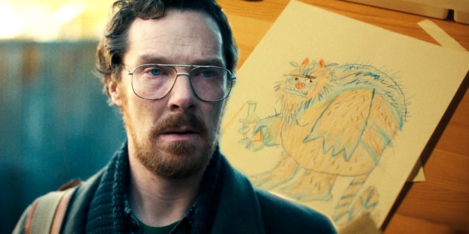 Benedict Cumberbatch as Victor In Front of a drawing of a blue monster in Eric